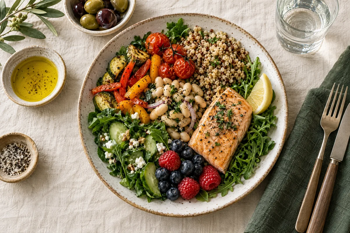 Balanced meal with vegetables, beans, grains, berries, and fish