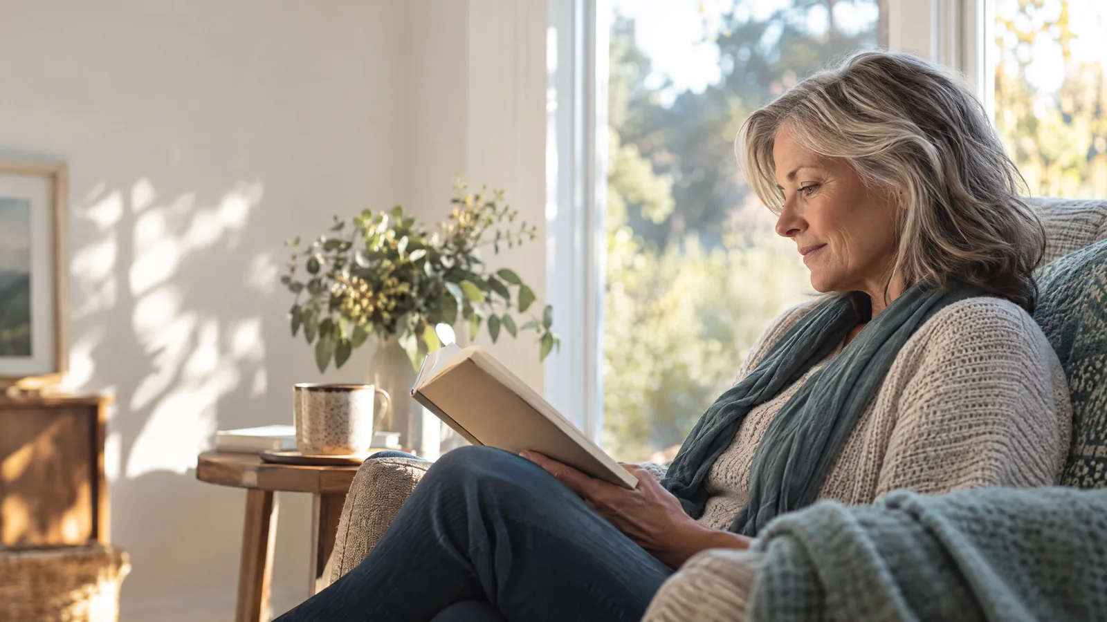 Adult reading a book in a calm home setting