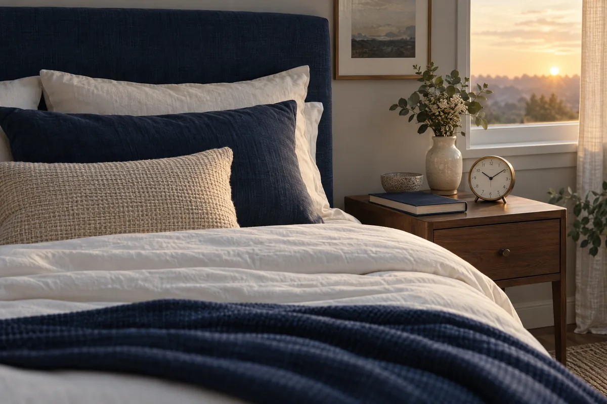 Quiet bedroom at dawn with a book and clock