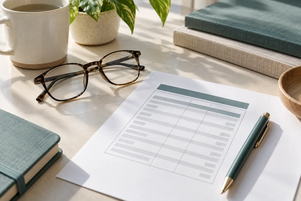 Notebook, glasses, and a generic supplement information sheet