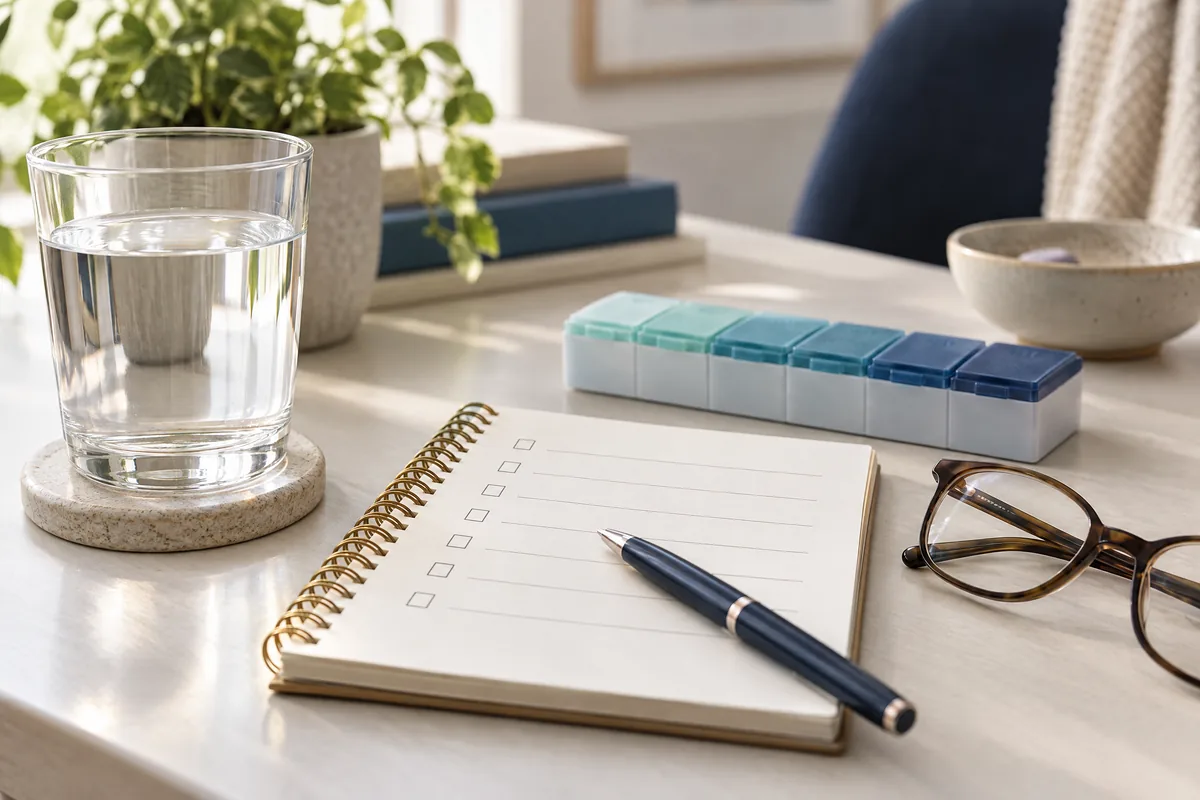 Water, blank checklist, glasses, and a generic weekly pill organizer
